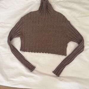 Zara Cropped Ribbed Turtleneck Sweater in Taupe Brown